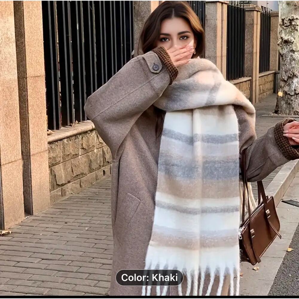 Emilene & Me Oversized Fuzzy Soft Khaki Striped Scarf Shawl Fringe Snuggly NWT